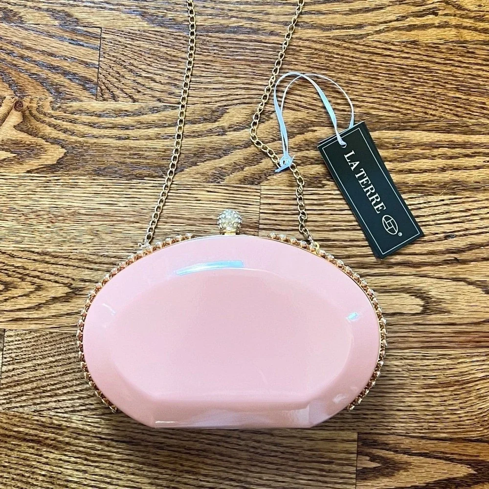 La Terre Pink Rhinestone Trim Kiss Closure Evening Clutch Bag Womens NWT OS
